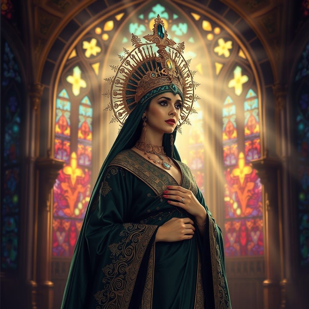 Regal Woman in Art Deco Castle, Astral Illustration