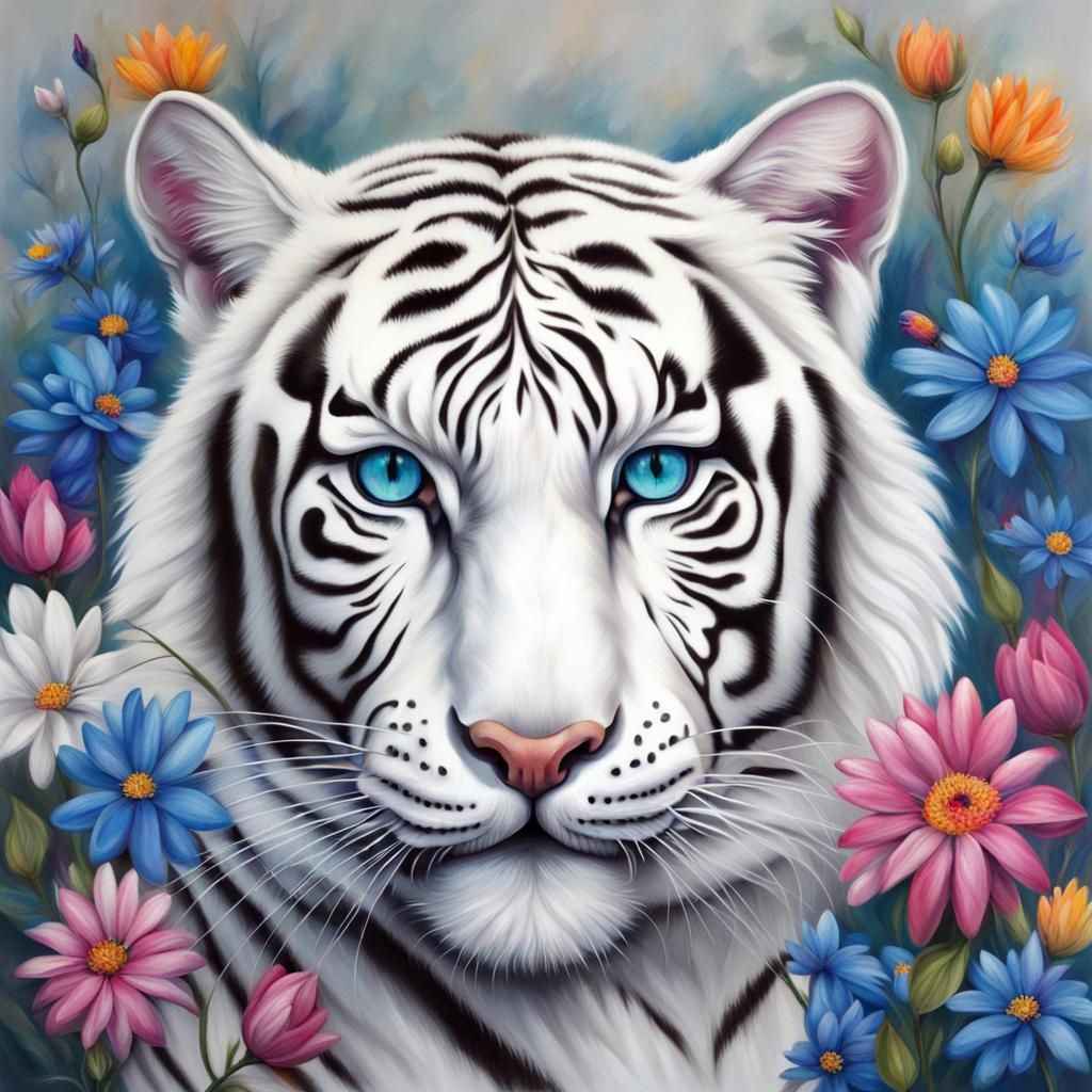 White Tiger Portrait with Blue Eyes and Flowers