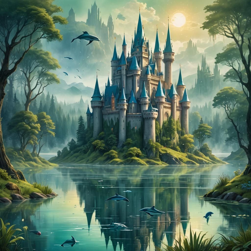Magical Castle in Forest with Dolphins, Fantasy Matte Painti...