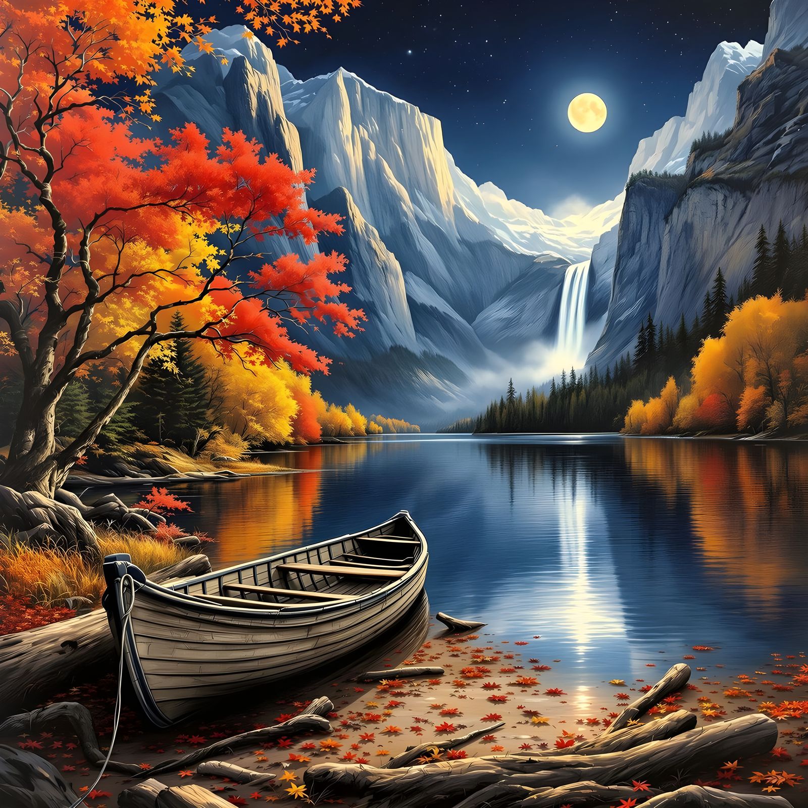 Autumn Raft on Reflective Lake with Mountains
