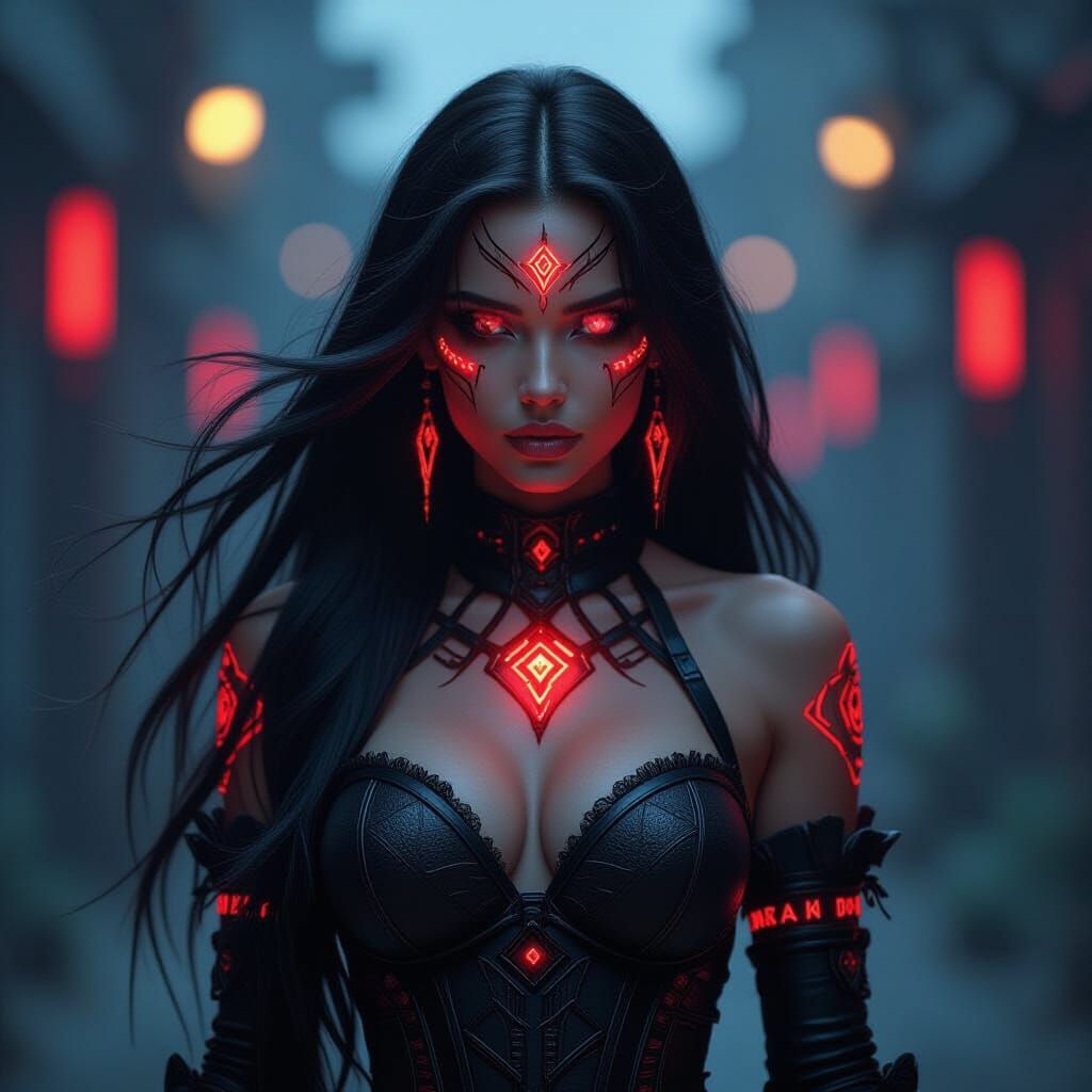 Cyberpunk Woman with Glowing Red Eyes and Patterns