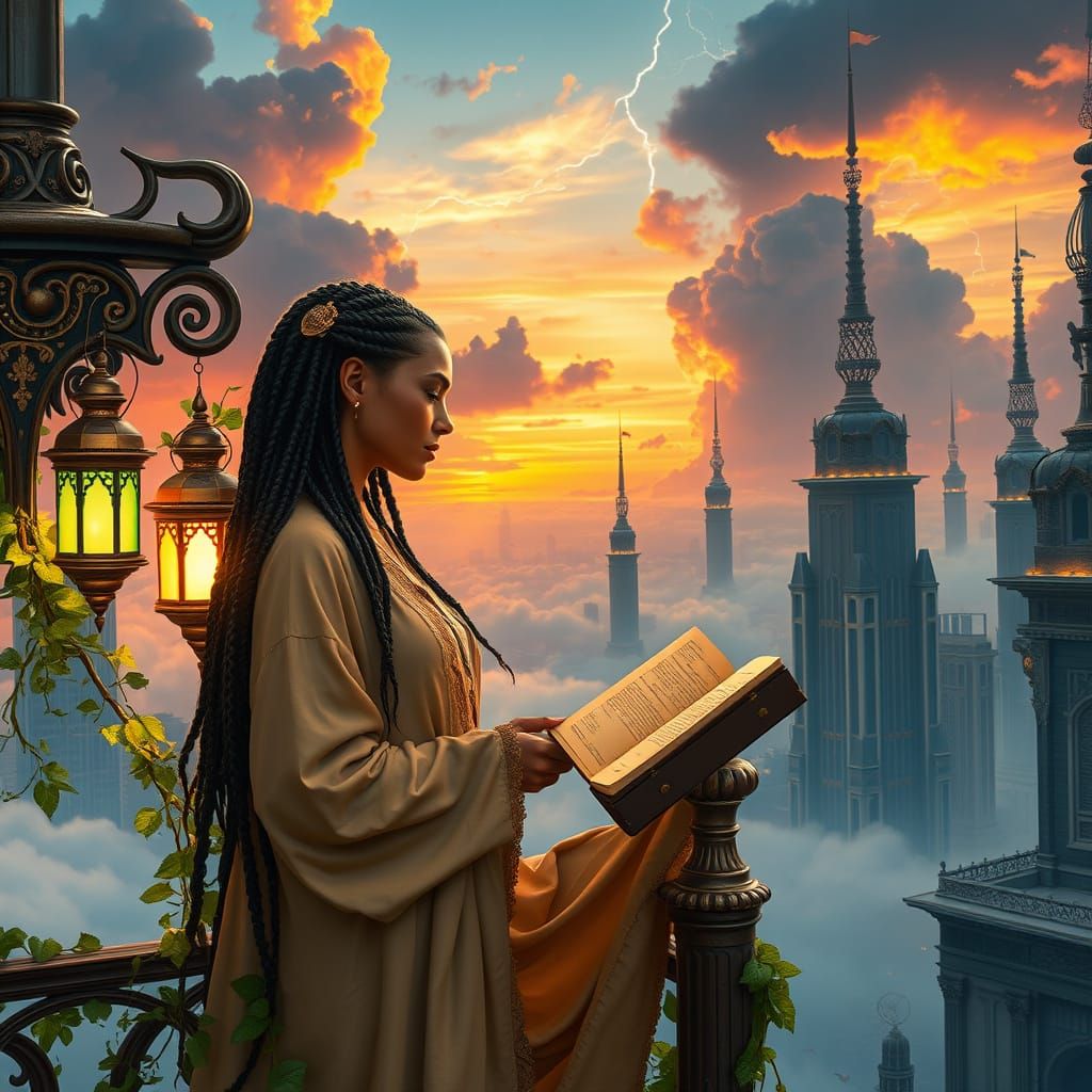 Cyberpunk Cityscape at Sunset, with Gothic Towers and Lush V...