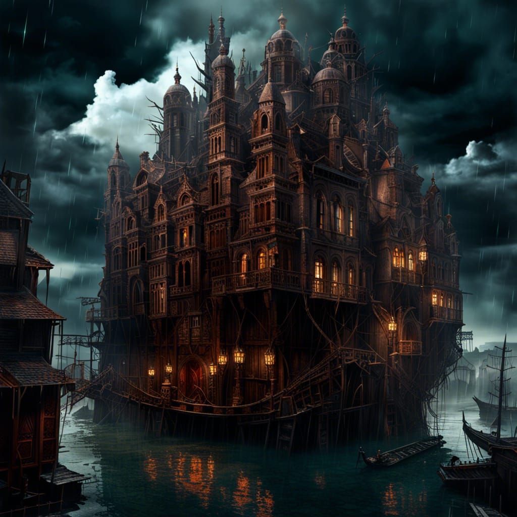 Gothic City Floating in Stormy Clouds