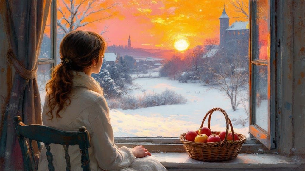 Winter Sunset View with Apples, Impressionist Style
