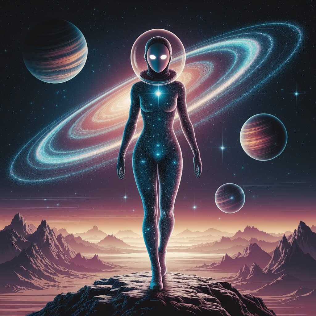 Stardust Woman on Rocky Peak as Cosmic Illustration