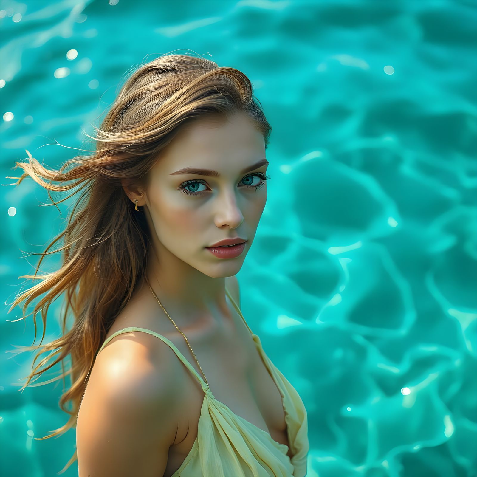 Beautiful Woman in Seaweed Dress Contemplates Ocean