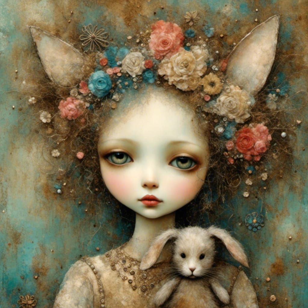 Cute Whimsical Creature Holding Stuffed Rabbit Mixed Media P...