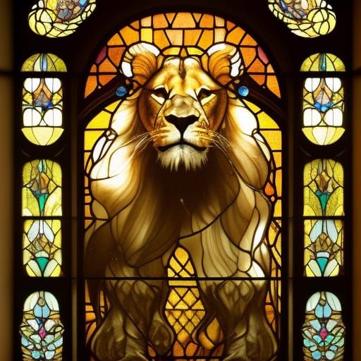 Majestic Lion on Stained Glass Window