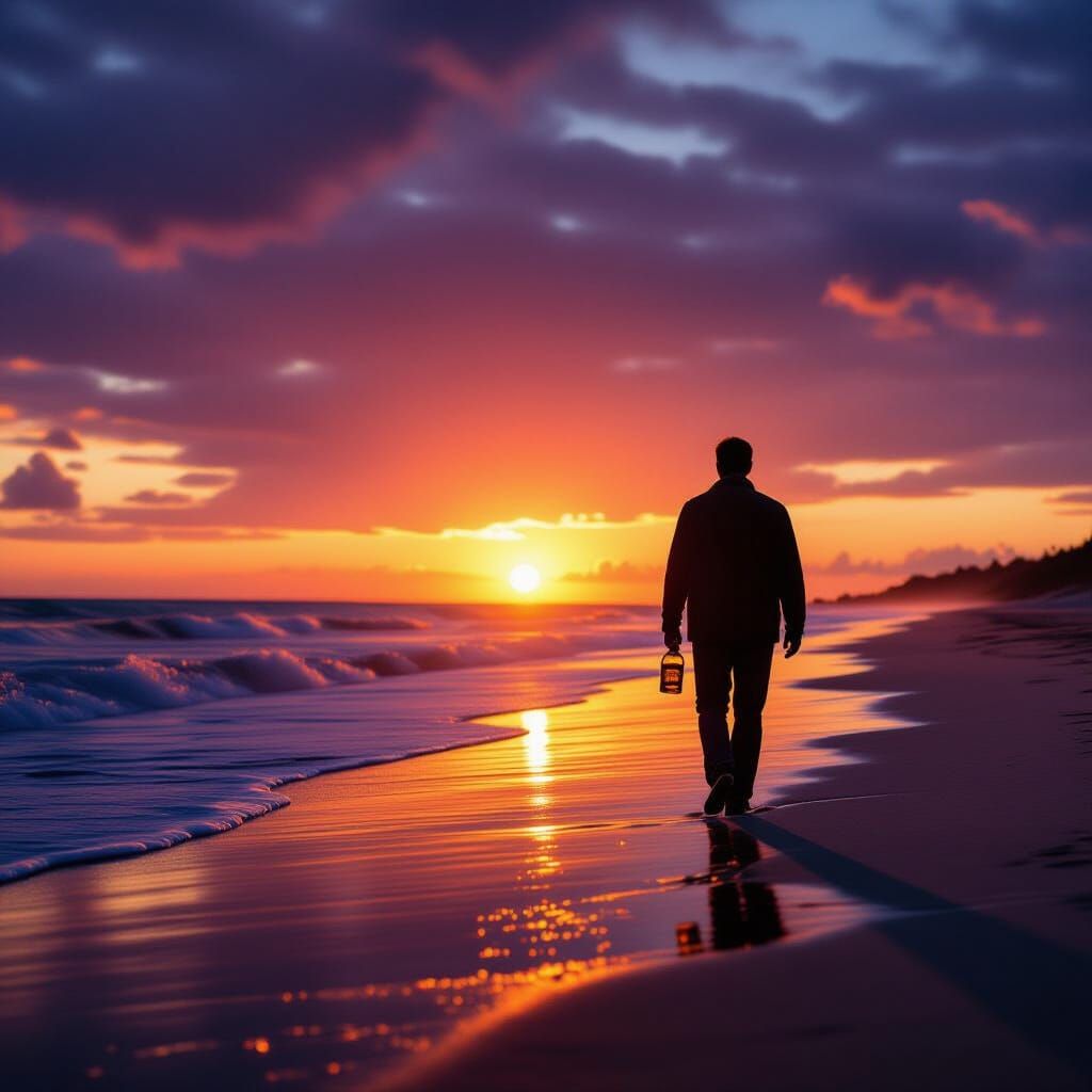 Man with Whisky on Beach at Sunset, Cinematic Style