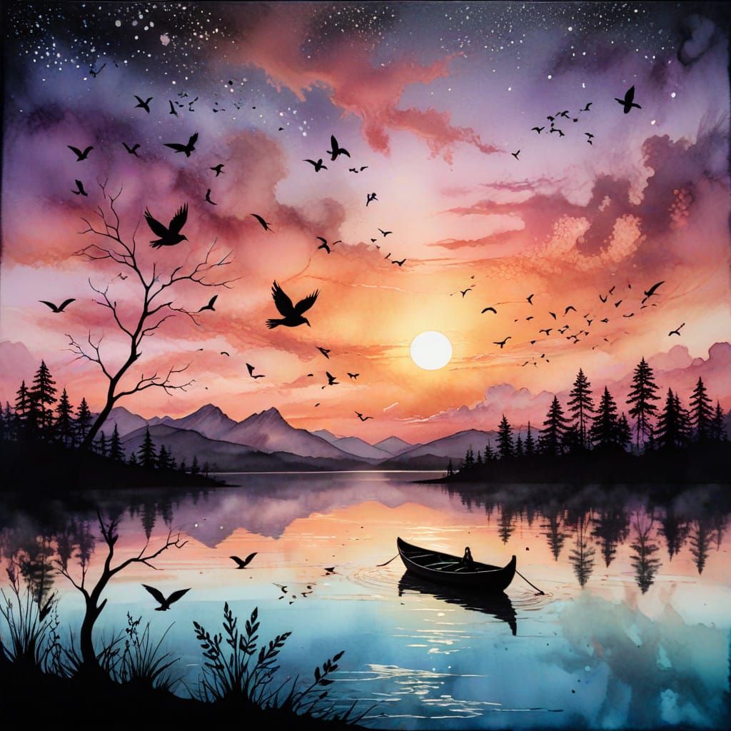 Enchanted Sunset Lake in Whimsical Arabesque Ink Art