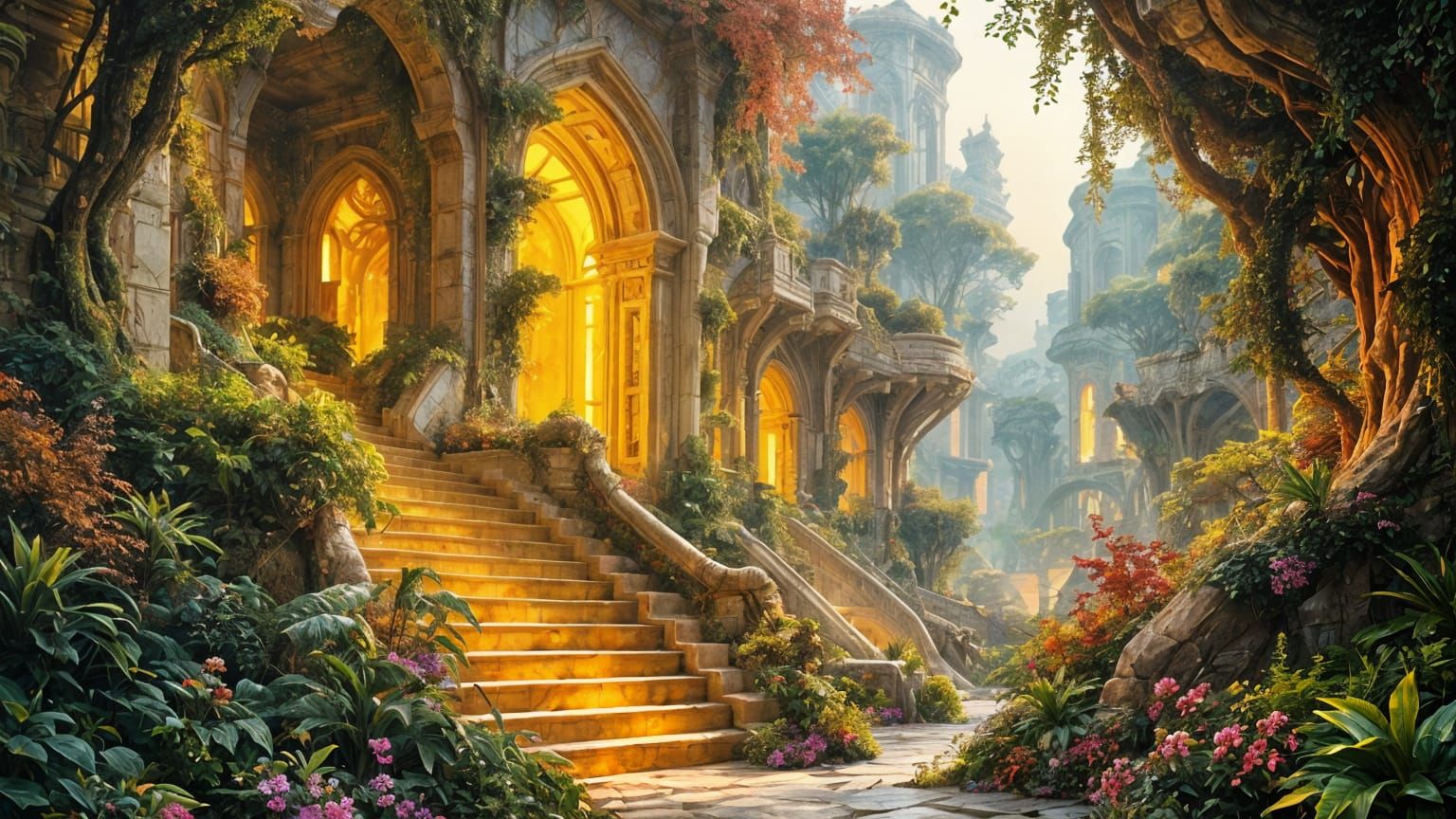 Golden Fractal Landscape with Lush Overgrowth and Ethereal G...