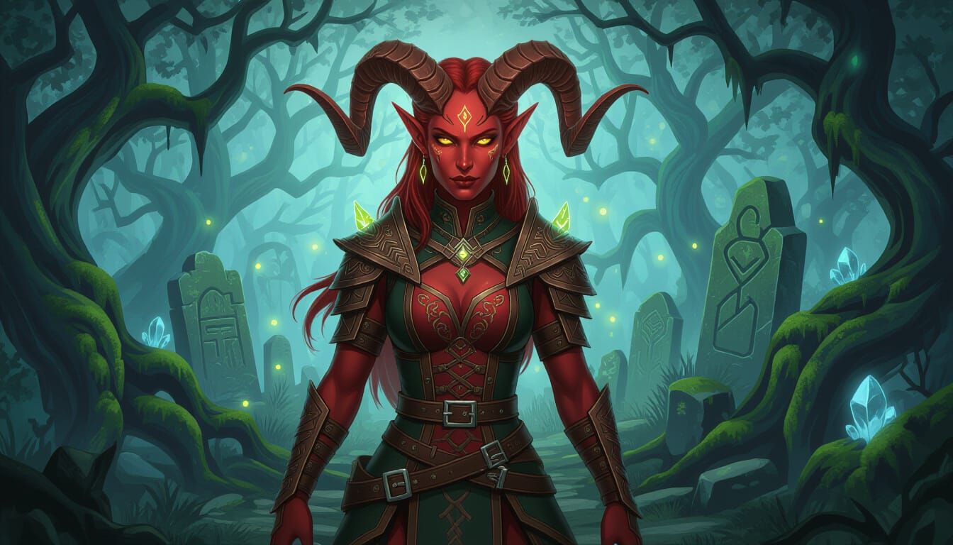 Female Tiefling in Gloomy Forest, Dark Fantasy Style