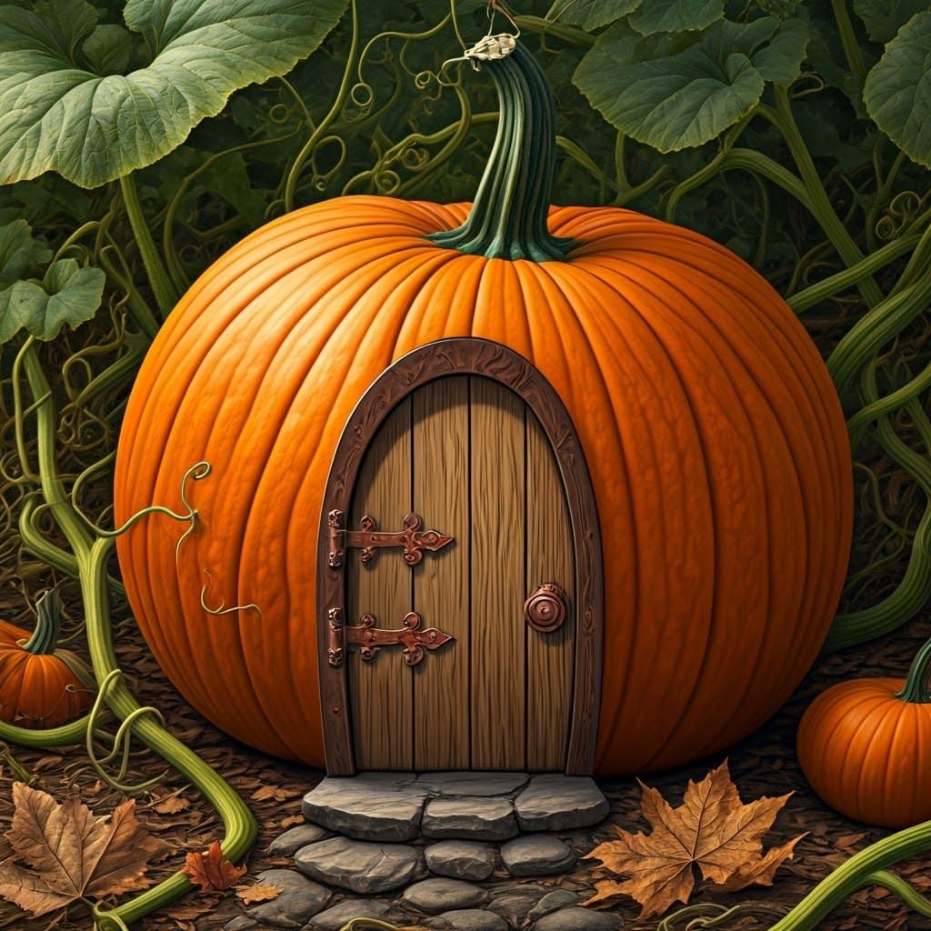 Pumpkin House in Autumnal Patch: Whimsical Fantasy Art