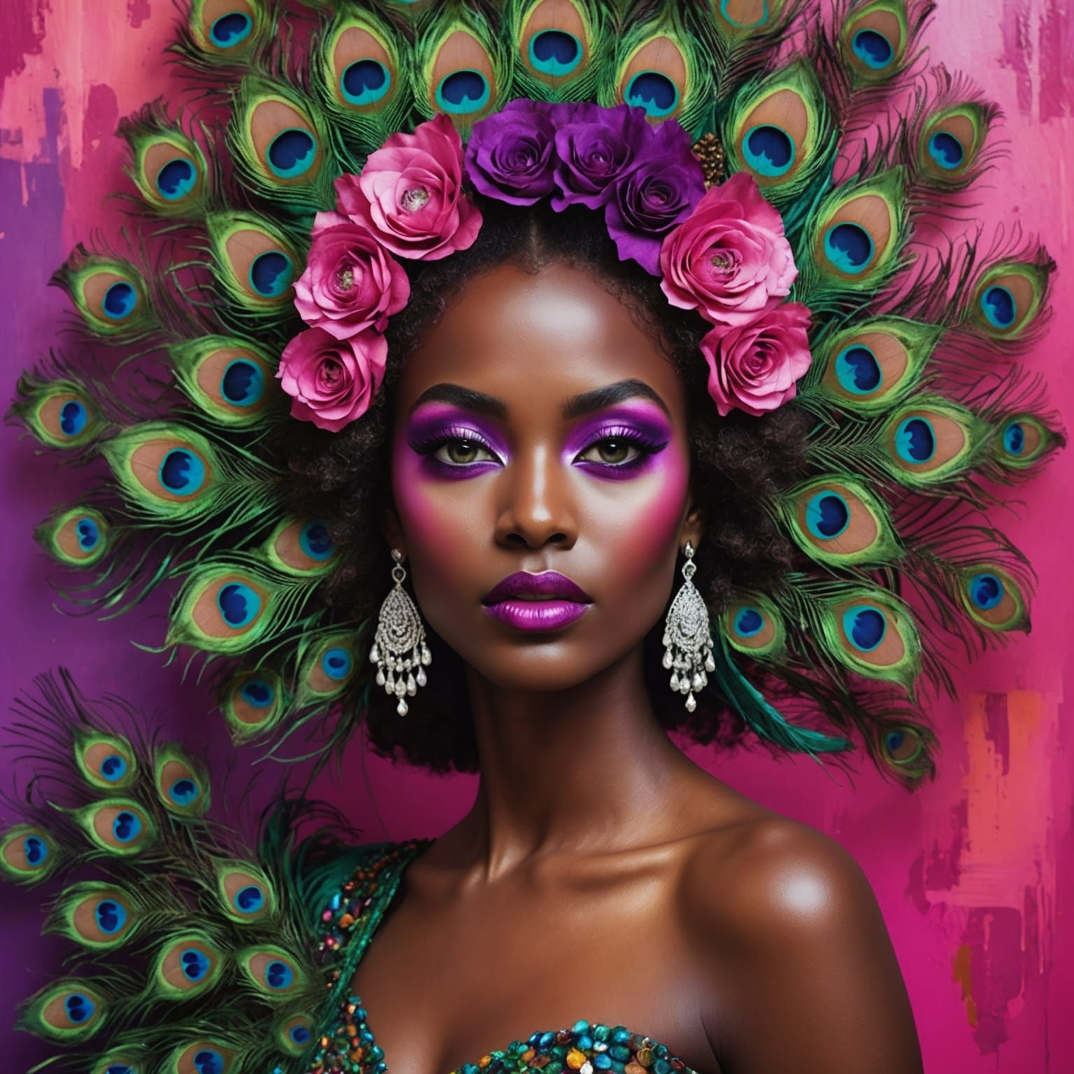 Exotic Beauty with Peacock Hair in Abstract Art