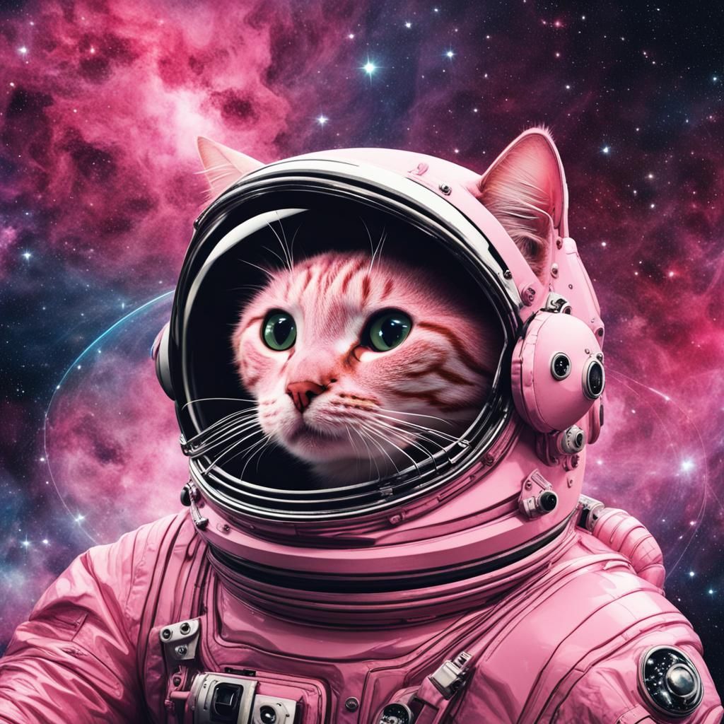 Pink Cat Floating in Space