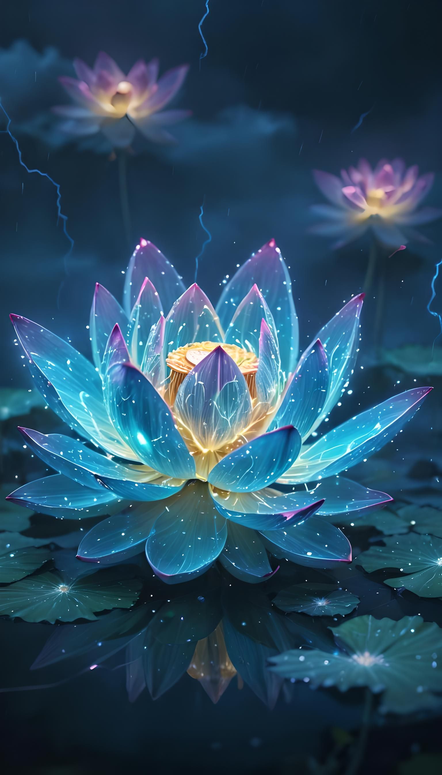 Ultra Intricate,Full portrait of a lotus with lightning petas, static lightning, electric!! full flower, an epic realist...