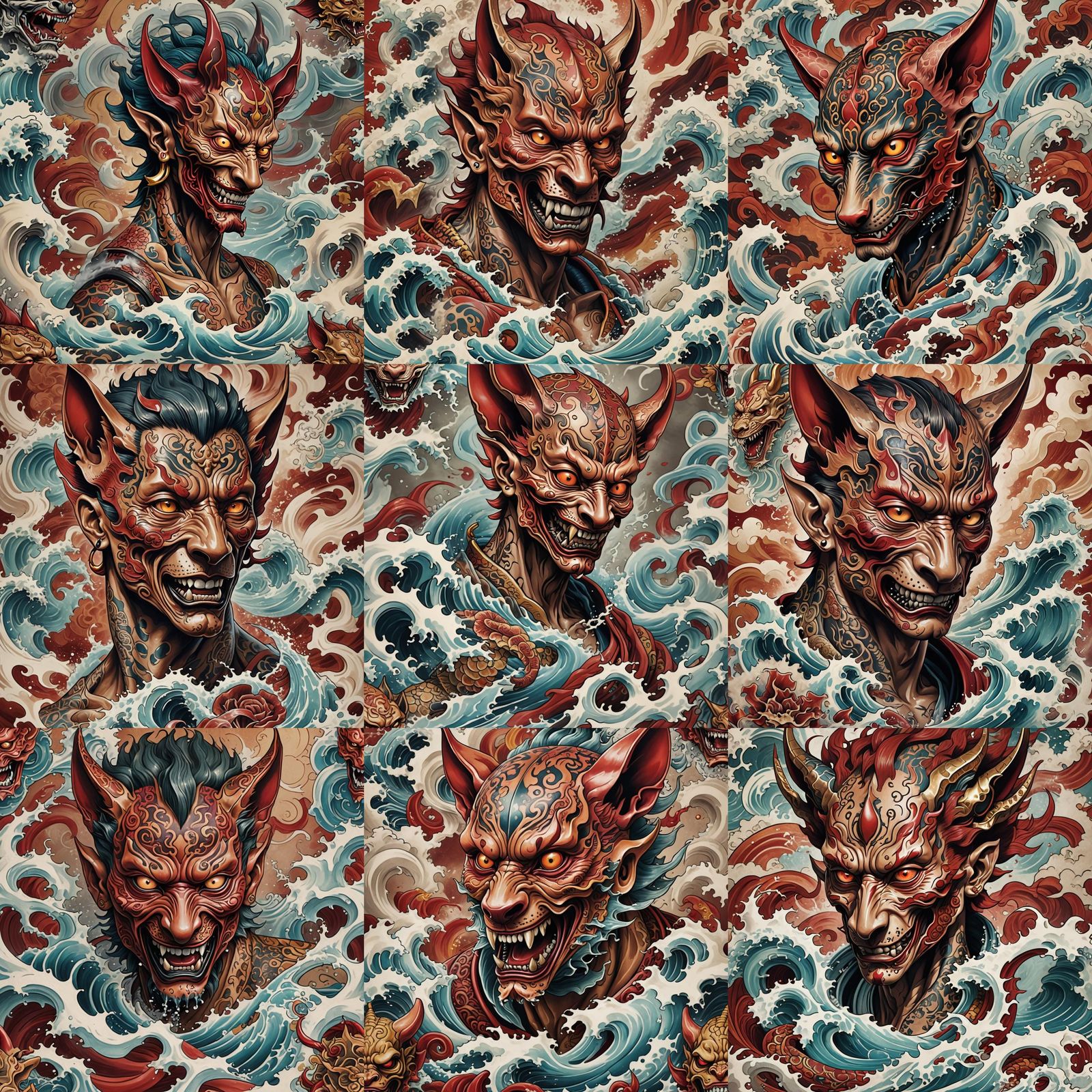 Hannya Mask Tattoo with Tsunami and Lightning