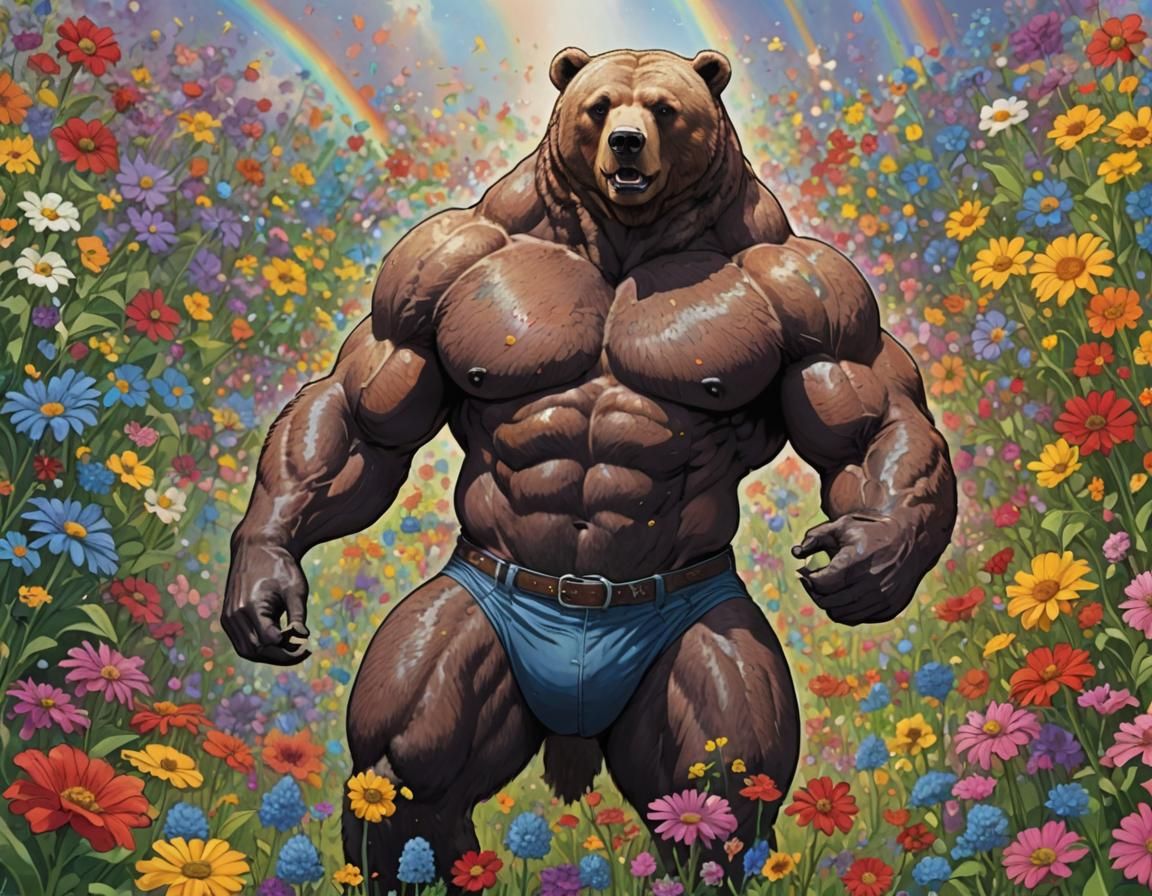 Supernatural Muscle Bear in Rainbow Flower Field