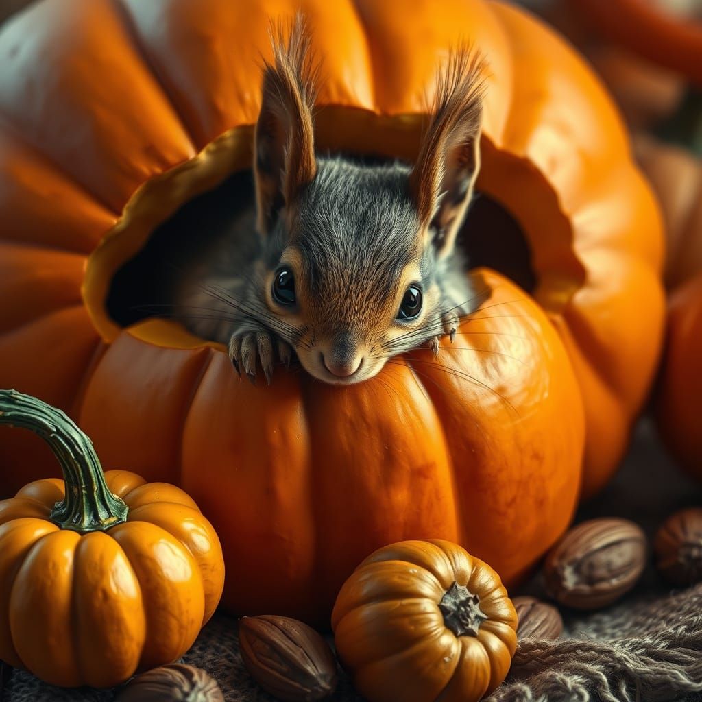 Squirrel Peeking from Autumn Pumpkin Portrait