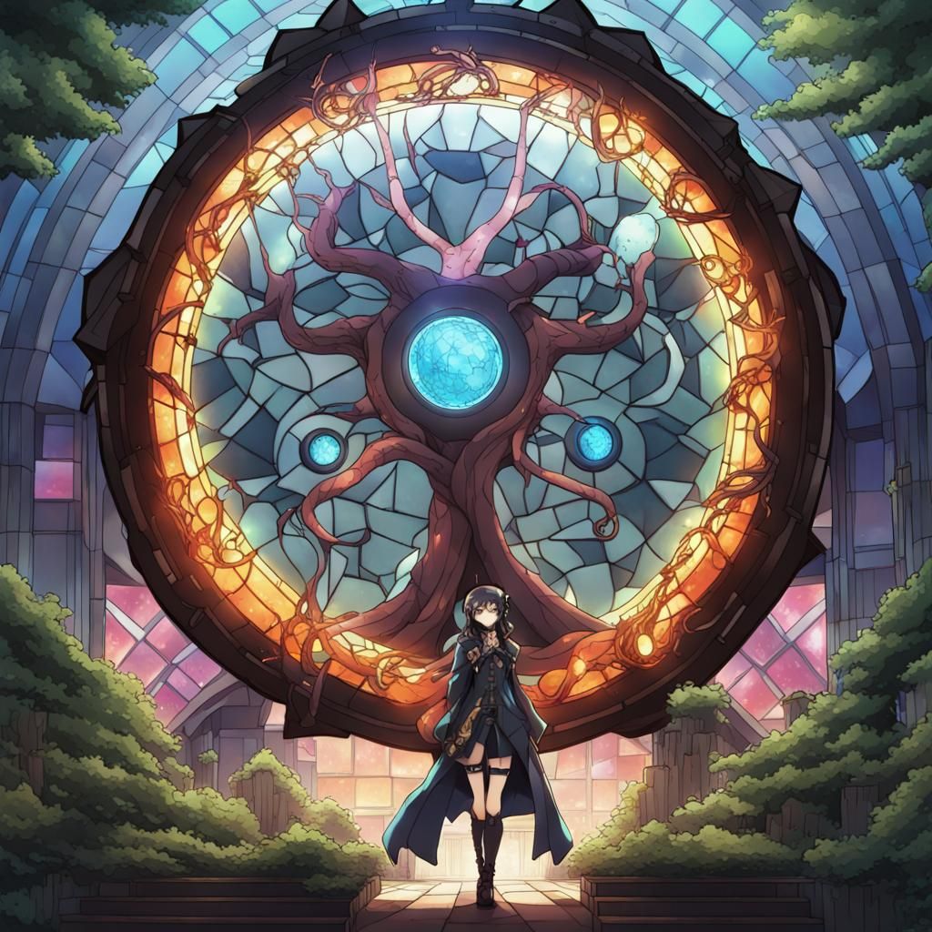 Cyberpunk Loki Girl Emerges from Stained Glass Yggdrasil