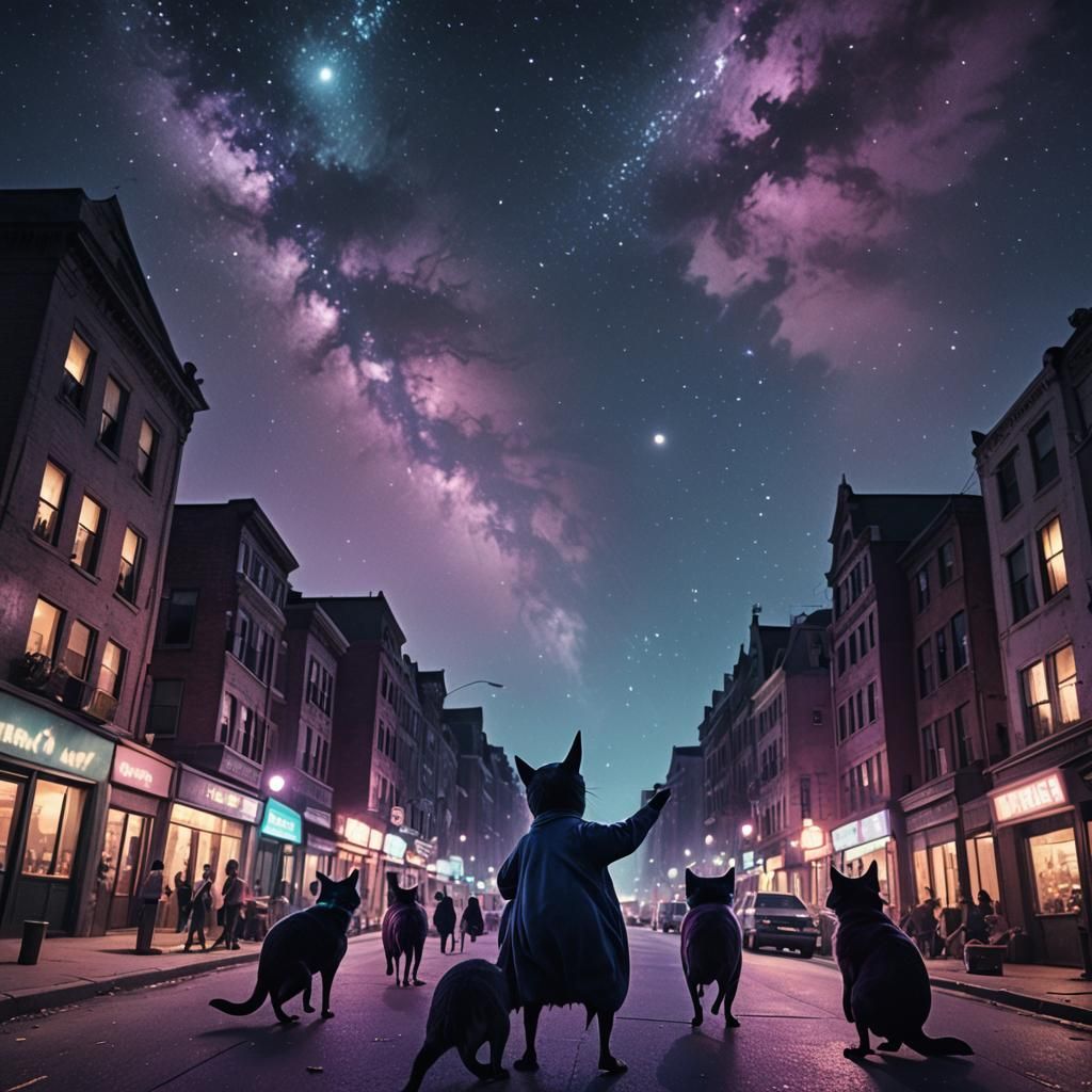 Mystical Night: Creatures Play Under Starry Sky