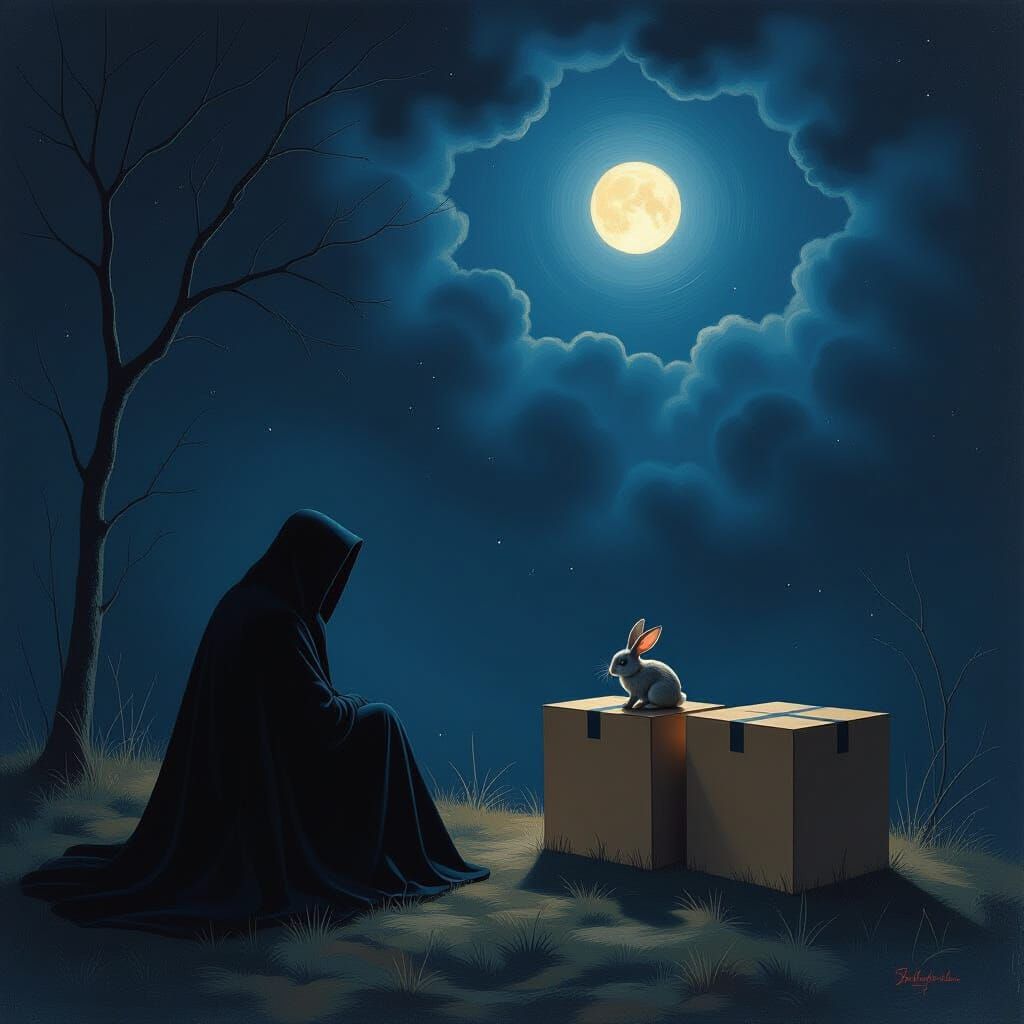 Vampire in Cosmic Night with Rabbit, Surreal Style