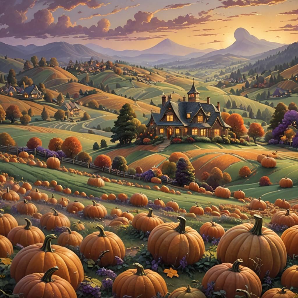 Giant Pumpkins in Whimsical, Hyper-Detailed Oil Painting
