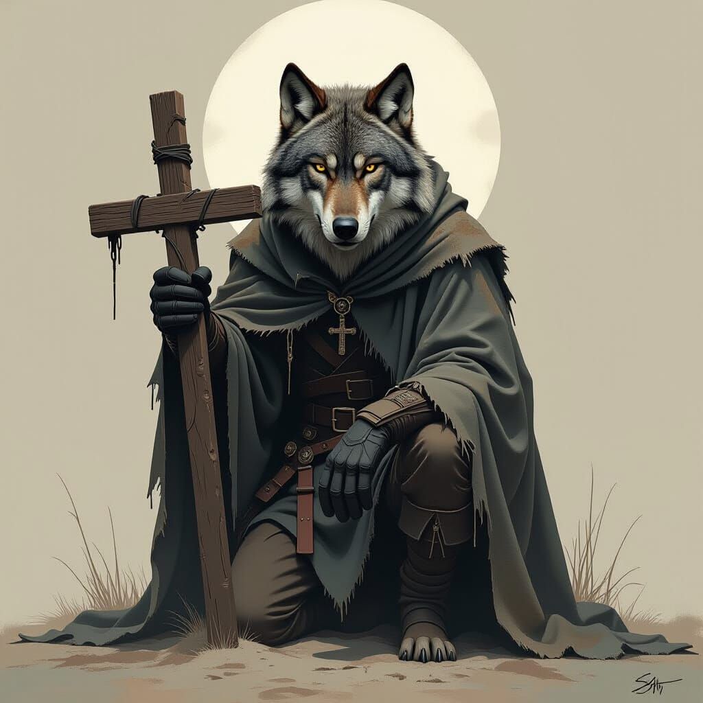 Weary Wolf with Cross in Digital Art Style