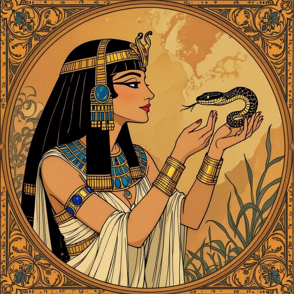 Cleopatra and Serpent in Storybook Illustration Style
