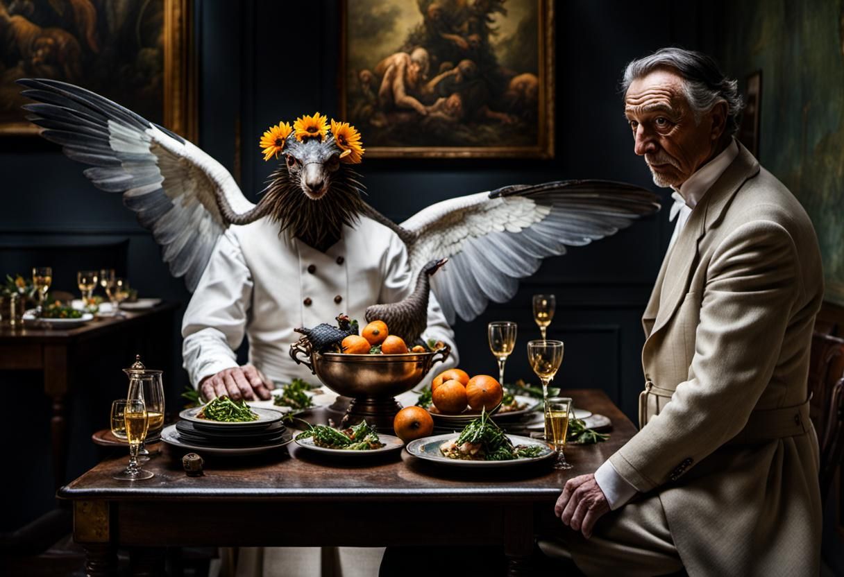 Vibrant Surreal Restaurant Scene with Bizarre Creatures as D...