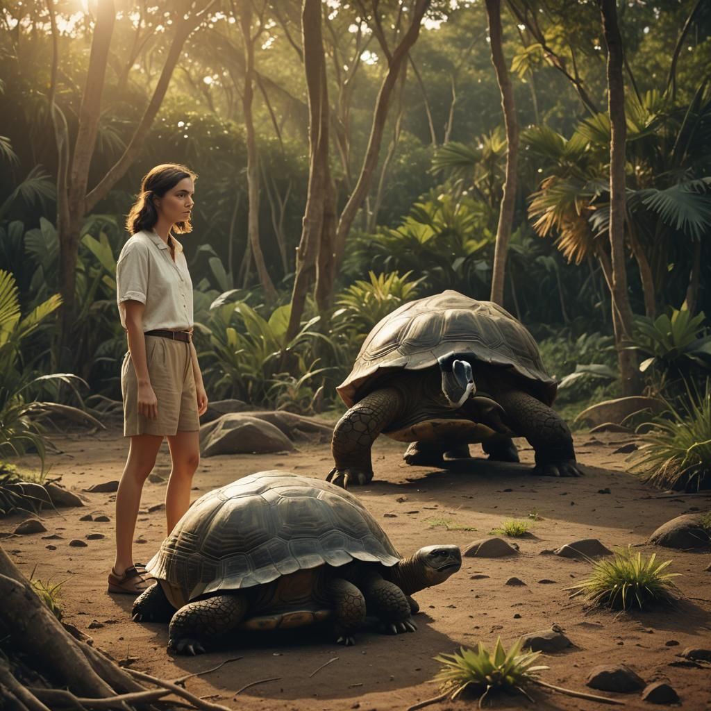 Brunette Woman and Giant Tortoise on Island
