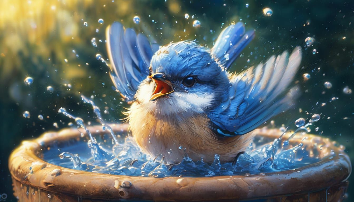 Cute Bluebird Splashing in Birdbath - Detailed Matte Paintin...