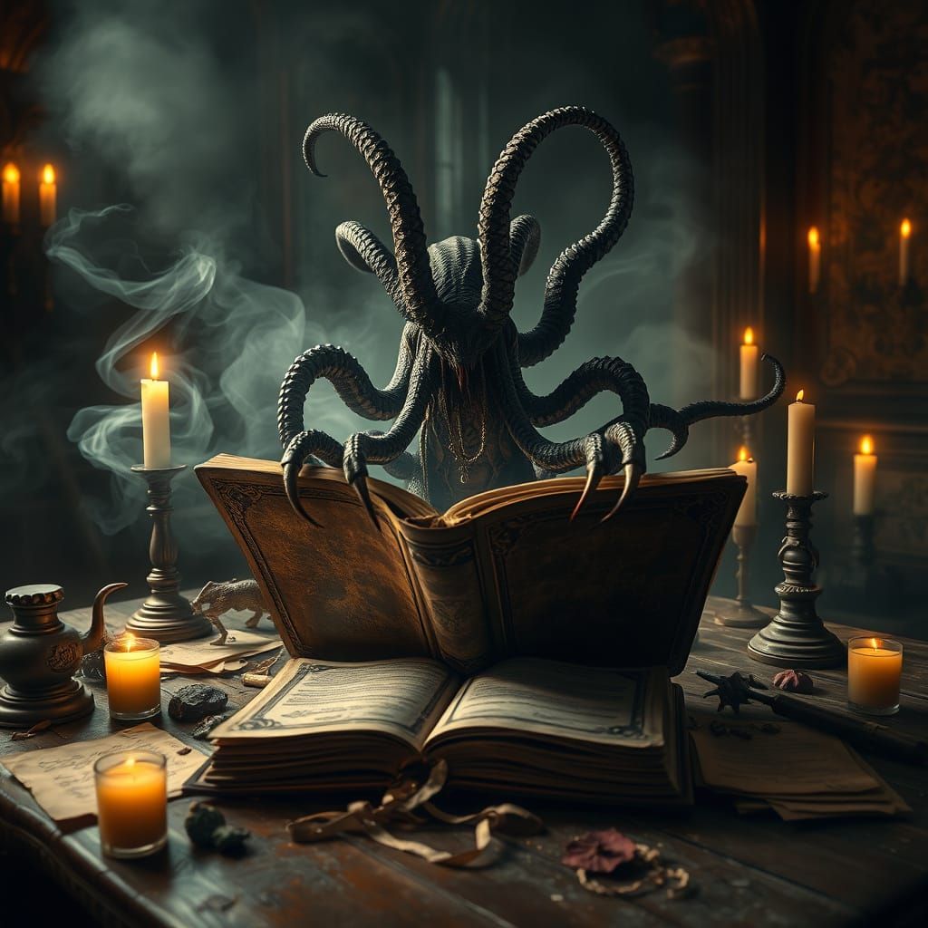 Mystical Creature Emerges from Grimoire in a Dimly Lit Chamb...