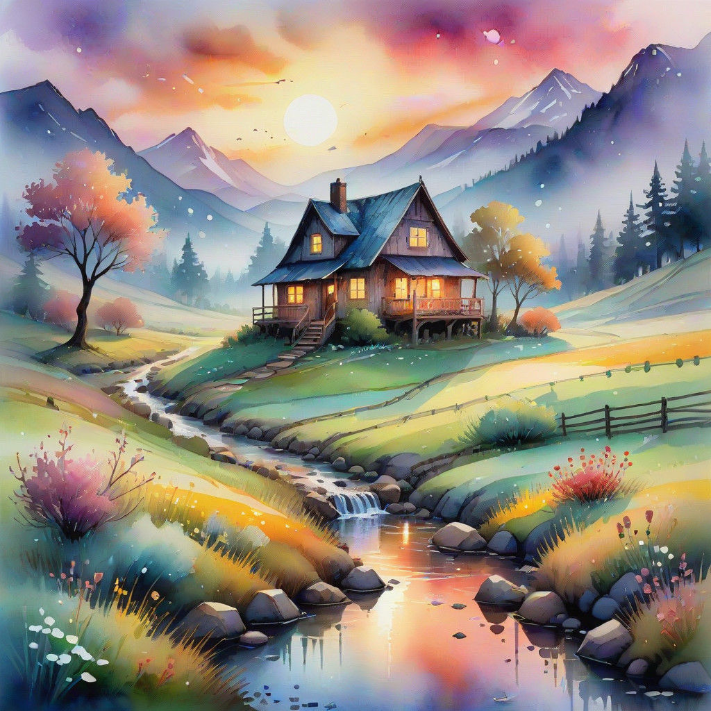 Watercolor Whimsy Sunset in a Dewy Valley