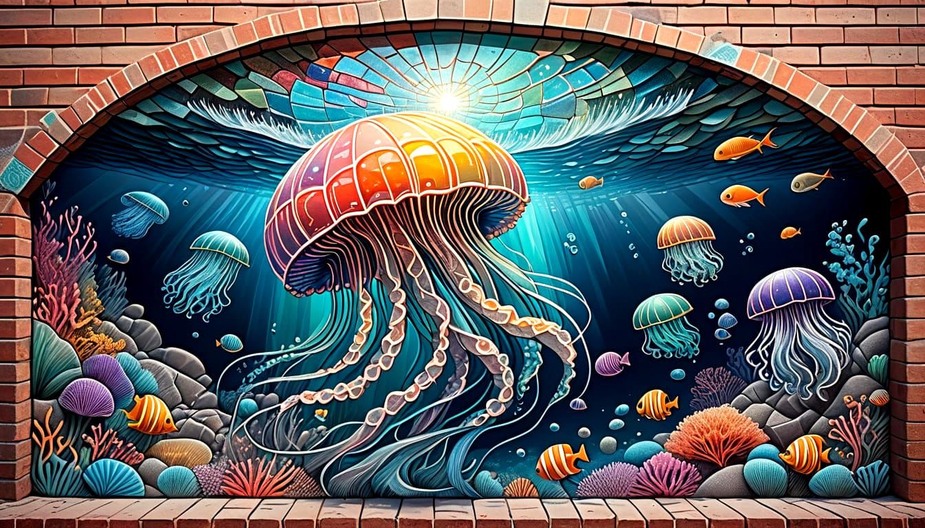 Chalk Jellyfish Mirror Mural on Brick Wall Art