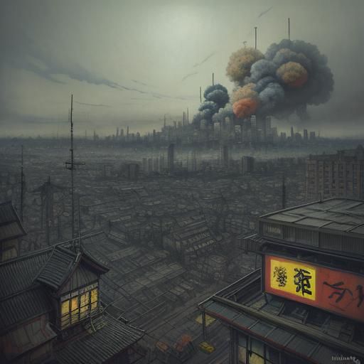 Dystopian Dome City in Ukiyo-e Style