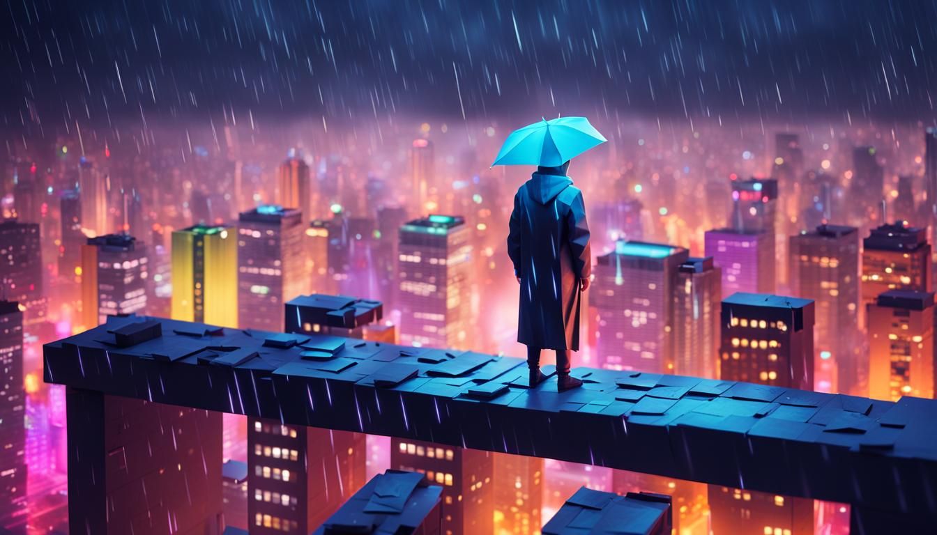Origami Figure Overlooks Neon Cityscape at Night