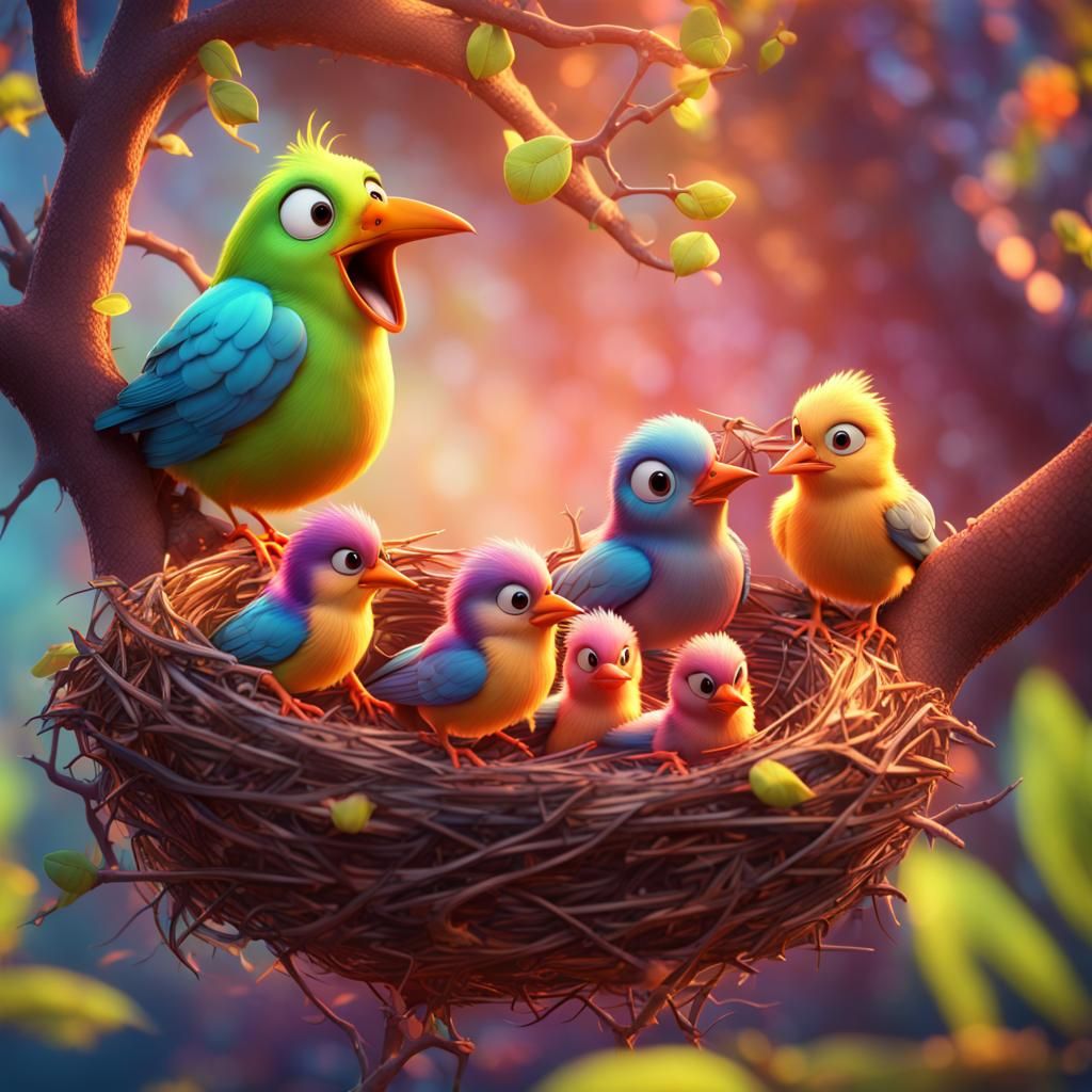 Birds in a nest in an enchanted forest