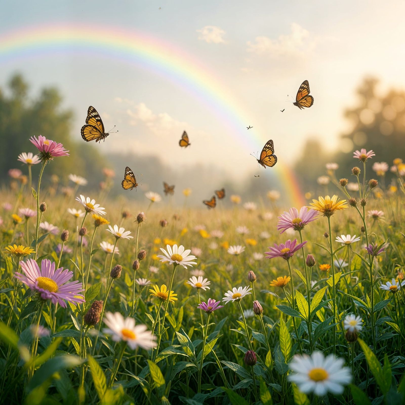Peaceful Meadow with Butterflies and Rainbow in Soft Light
