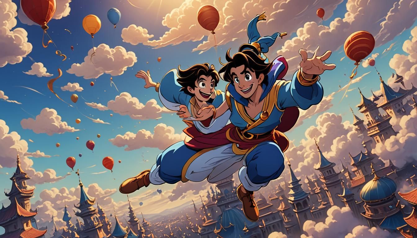 Aladdin and Clown Flying in Anime Style