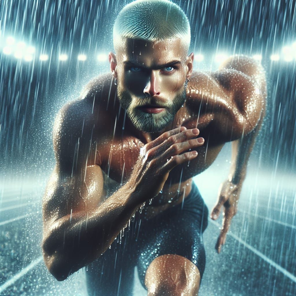 Athlete Sprinting in Rain: Cinematic Digital Painting