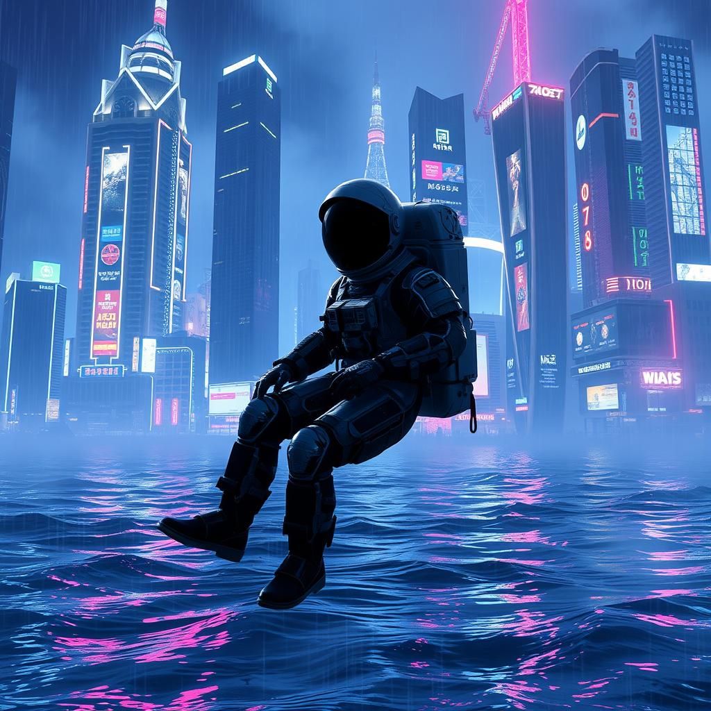 Astronaut in Cyberpunk Cityscape on Ocean