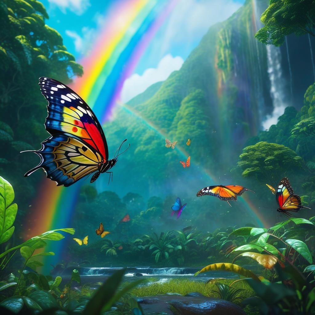 Vibrant Rainforest Scene with Colorful Butterfly