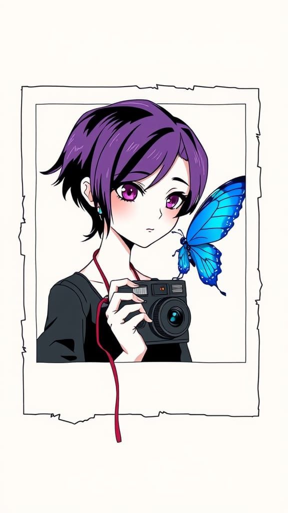 Cute Hipster Girl with Polaroid Camera and Butterfly