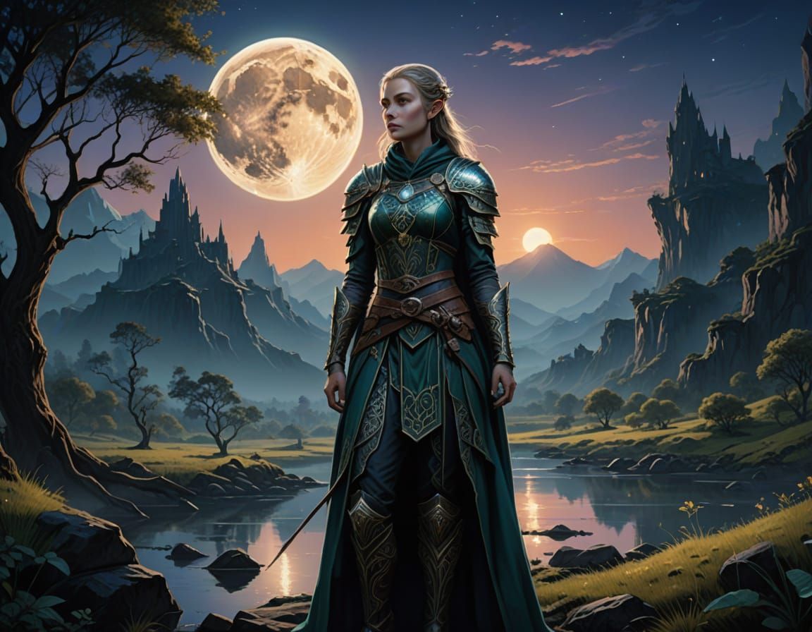 Ethereal Elven Ranger Basks in Soft Moonlight