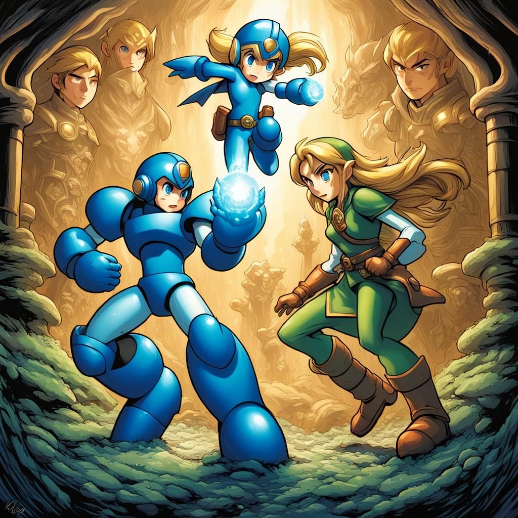 Megaman and Zelda in Comic Book Art Style