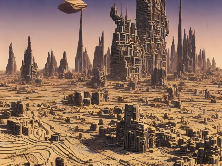 Moebius Desert City with Brutalist Structures
