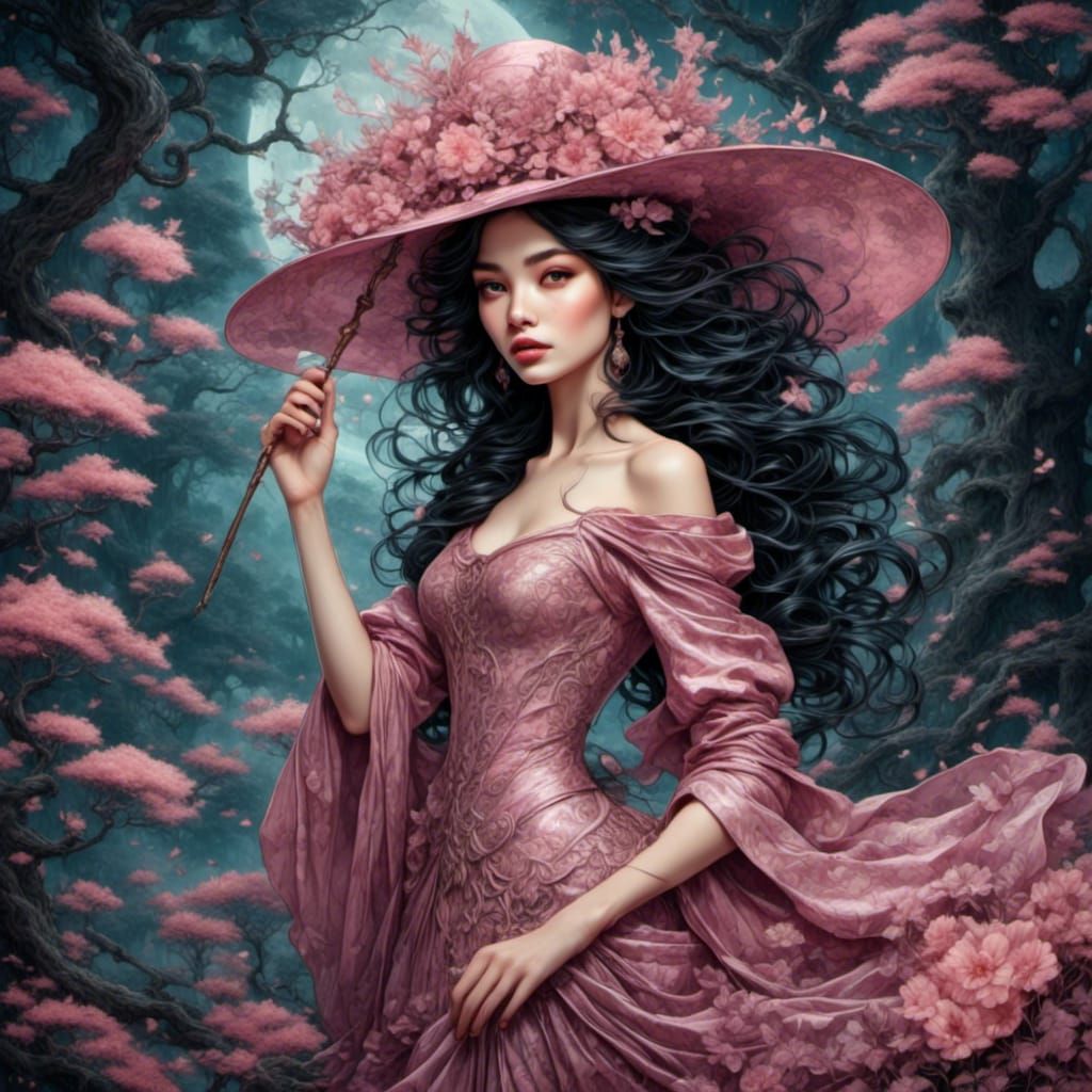 Beautiful Witch in Rose Colors, Ink Art Style