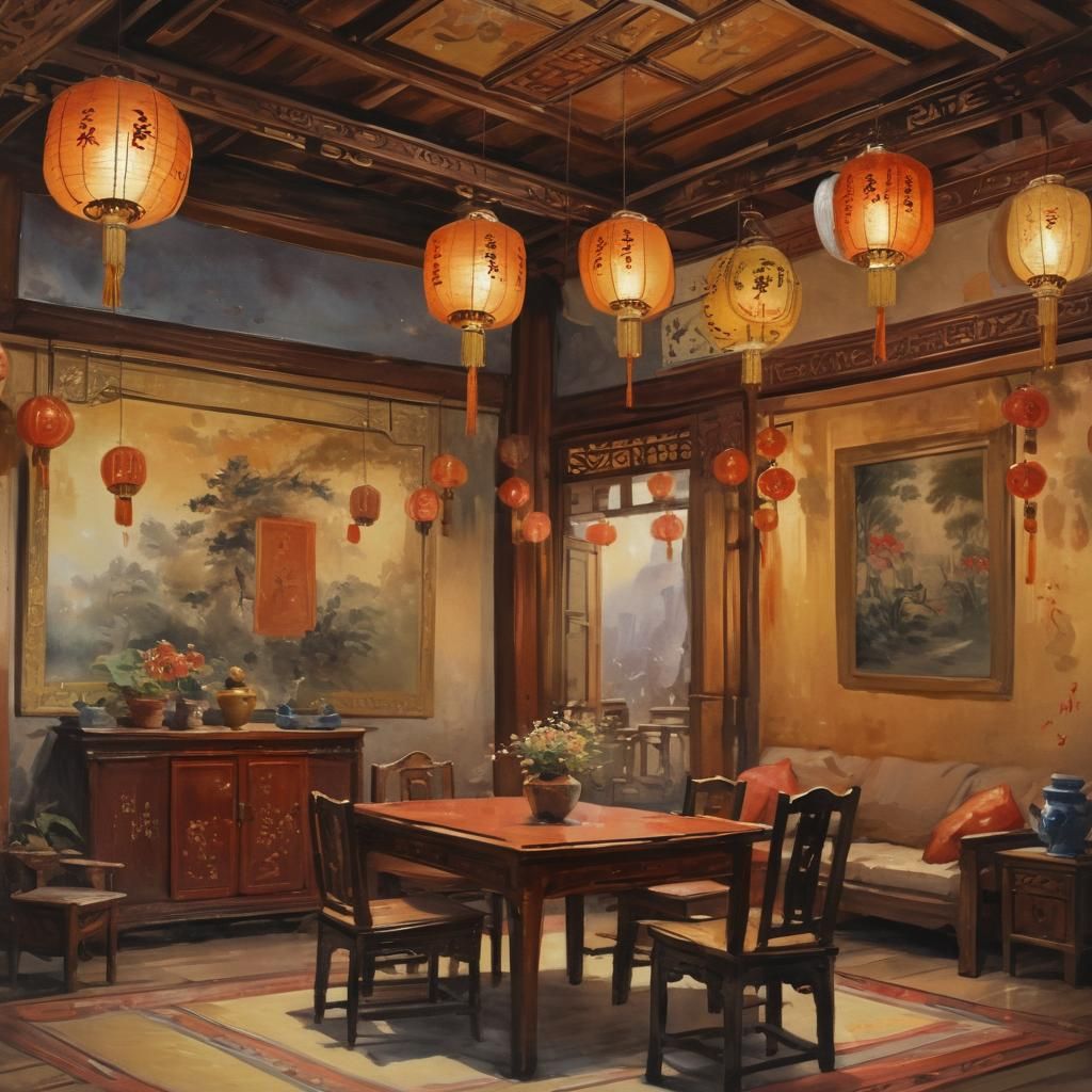 Warm Chinese Room Interior in Gouache Style