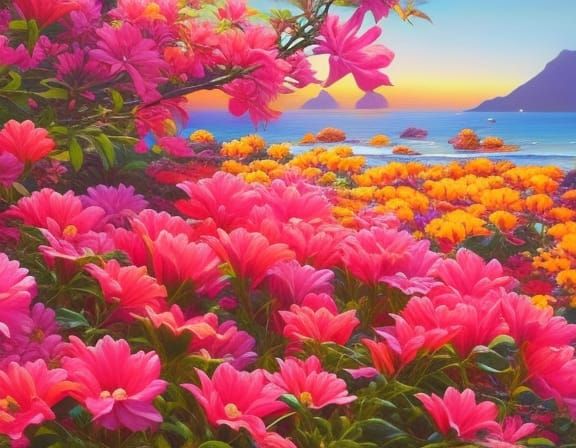 Radiant Hawaiian Garden Paradise in Kinkade Style